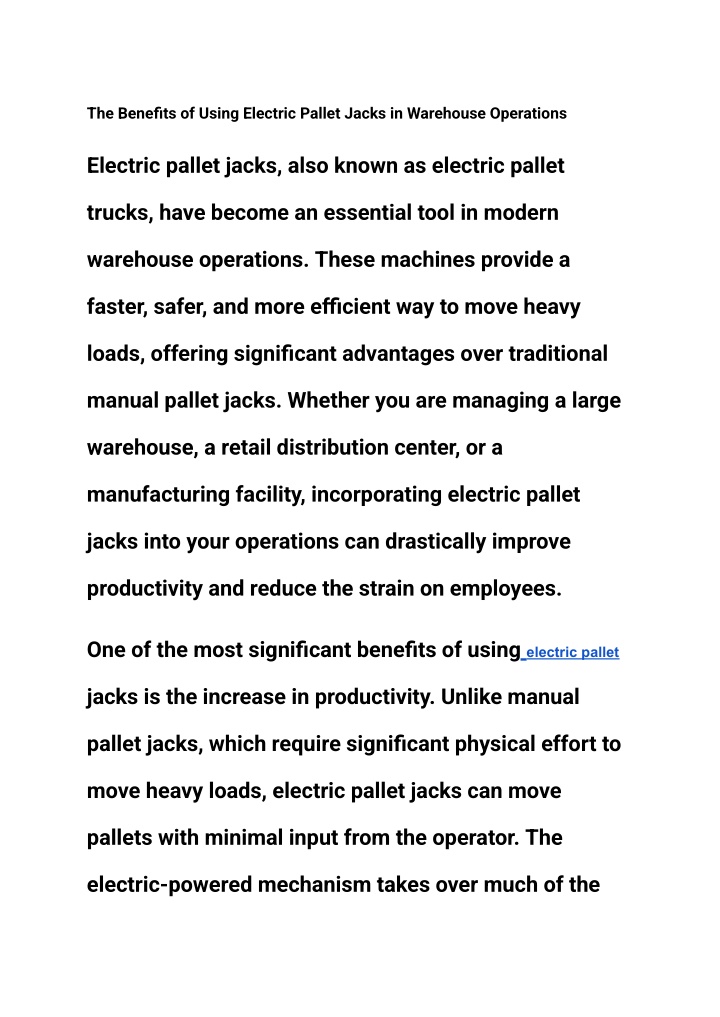 the benefits of using electric pallet jacks