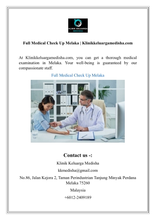 Full Medical Check Up Melaka Klinikkeluargamedisha