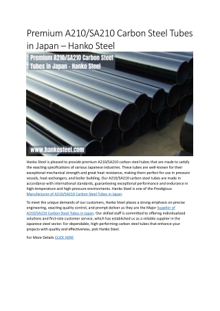 A210 SA210 Carbon Steel Tubes in Japan