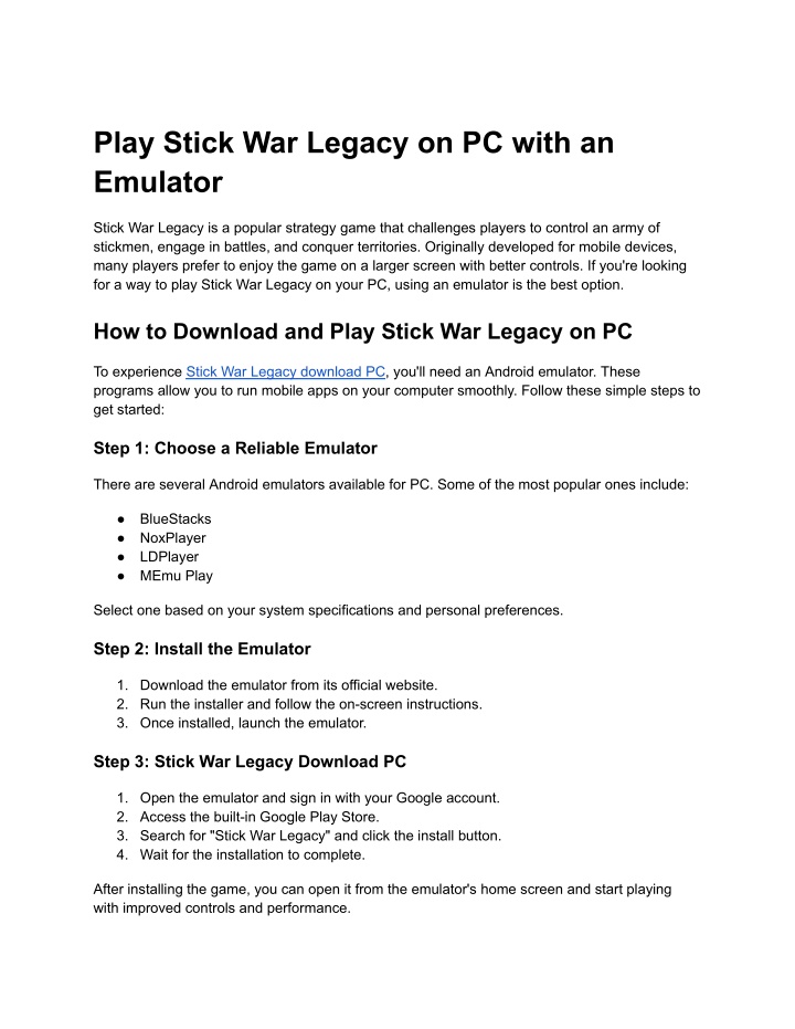 play stick war legacy on pc with an emulator