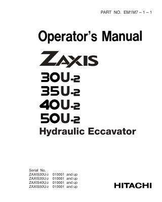 HITACHI ZAXIS 30U-2, 35U-2, 40U-2, 50U-2 EXCAVATOR Operator Manual Instant Download