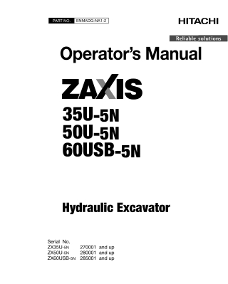 HITACHI ZAXIS 35U-5N, 50U-5N, 60USB-5N HYDRAULIC EXCAVATOR Operator Manual Instant Download