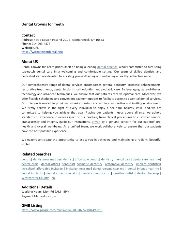 dental crowns for teeth contact address