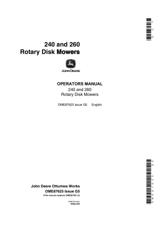 John Deere 240 and 260 Rotary Disk Mower Operator’s Manual Instant Download (Publication No.ome87625)