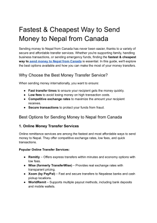 Fastest & Cheapest Way to Send Money to Nepal from Canada