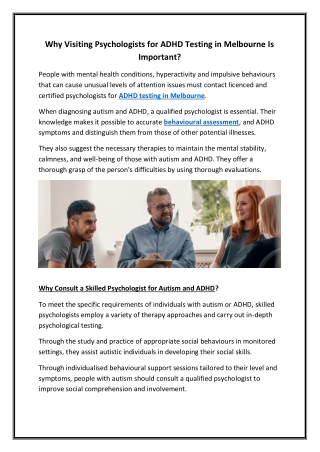 Why Visiting Psychologists for ADHD Testing in Melbourne Is Important