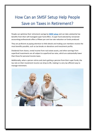 How Can an SMSF Setup Help People Save on Taxes in Retirement