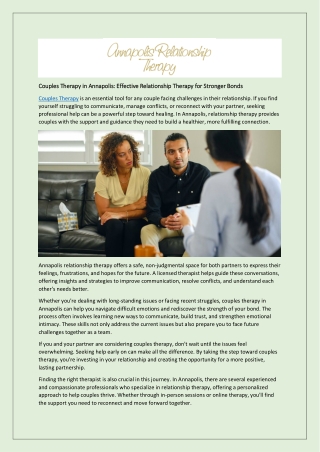 Couples Therapy in Annapolis: Effective Relationship Therapy for Stronger Bonds