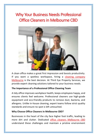 Why Your Business Needs Professional Office Cleaners in Melbourne CBD