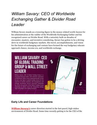 William Savary_ CEO of Worldwide Exchanging Gather & Divider Road Leader