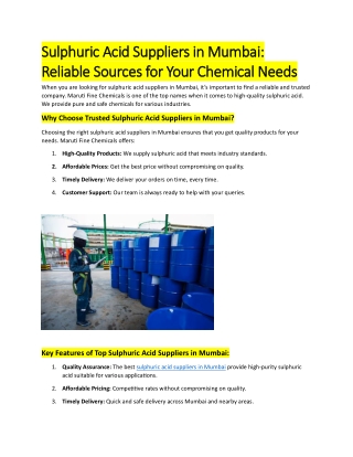 Sulphuric Acid Suppliers in Mumbai - Reliable Sources for Your Chemical Needs