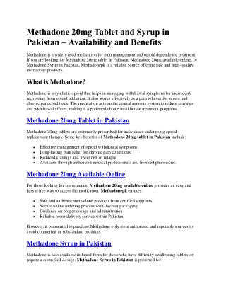 Methadone 20mg Tablet and Syrup in Pakistan