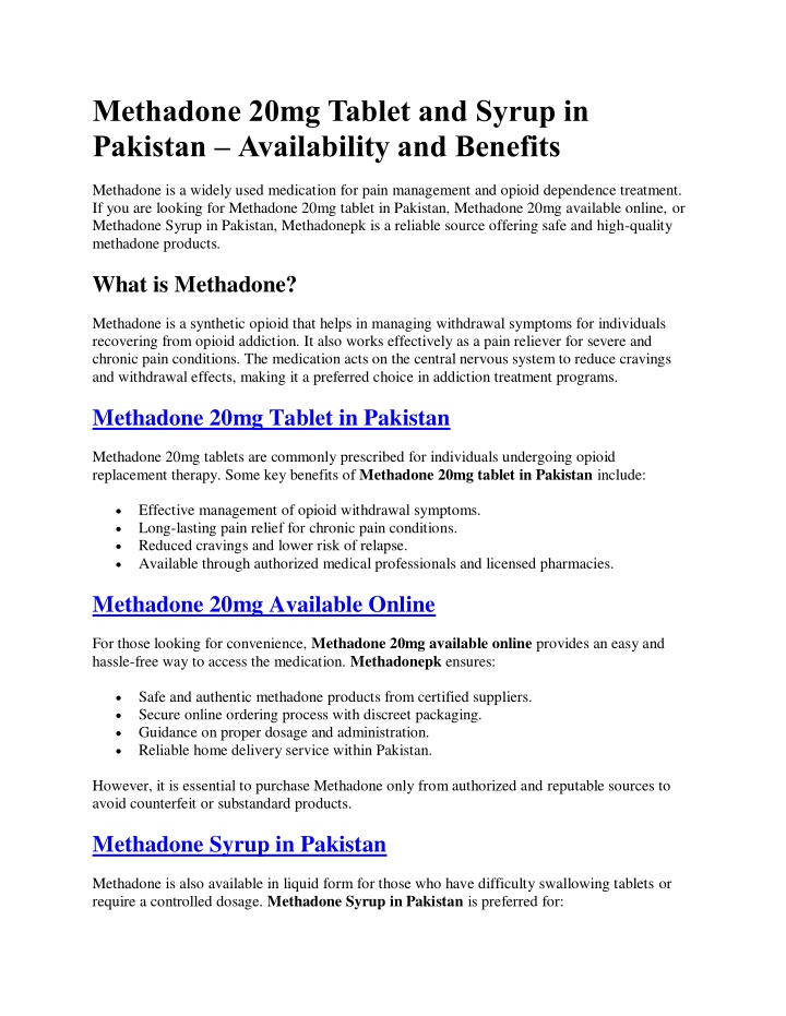 methadone 20mg tablet and syrup in pakistan