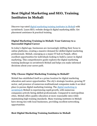 Best Digital Marketing and SEO, Training Institutes in Mohali