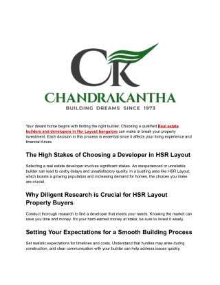 Real estate builders and developers in Hsr Layout bangalore