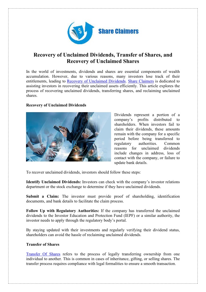 recovery of unclaimed dividends transfer