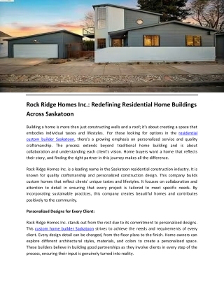 Rock Ridge Homes Inc. Redefining Residential Home Buildings Across Saskatoon