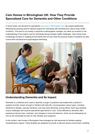 Care Homes in Birmingham UK How They Provide Specialized Care for Dementia and Other Conditions