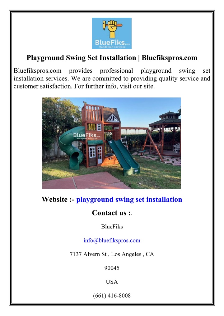 playground swing set installation bluefikspros com