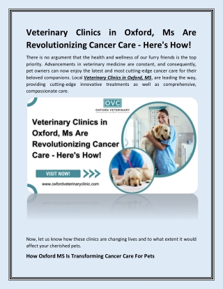 Veterinary Clinics in Oxford Ms Are Revolutionizing Cancer Care Here How!