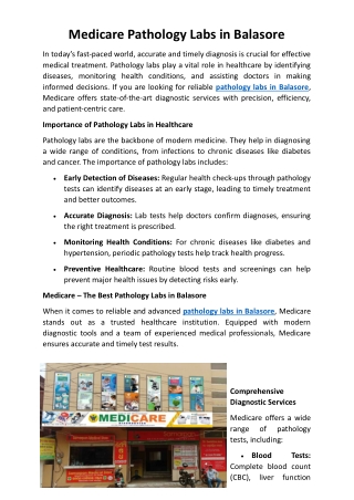 Medicare Pathology Labs in Balasore