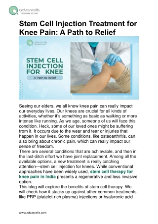 Stem Cell Injection Treatment for Knee Pain: A Path to Relief