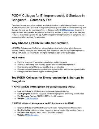 PGDM Colleges for Entrepreneurship & Startups in Bangalore – Courses & Fee
