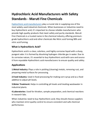 Hydrochloric Acid Manufacturers with Safety Standards - Maruti Fine Chemicals