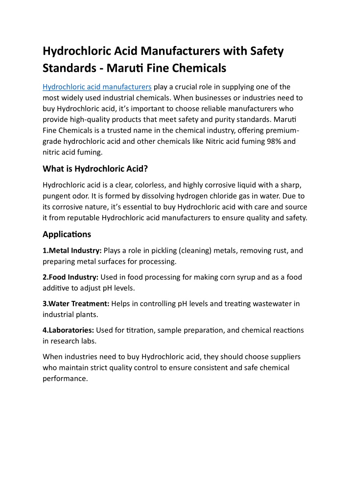 hydrochloric acid manufacturers with safety