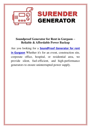 Soundproof Generator for Rent in Gurgaon Reliable & Affordable Power Backup