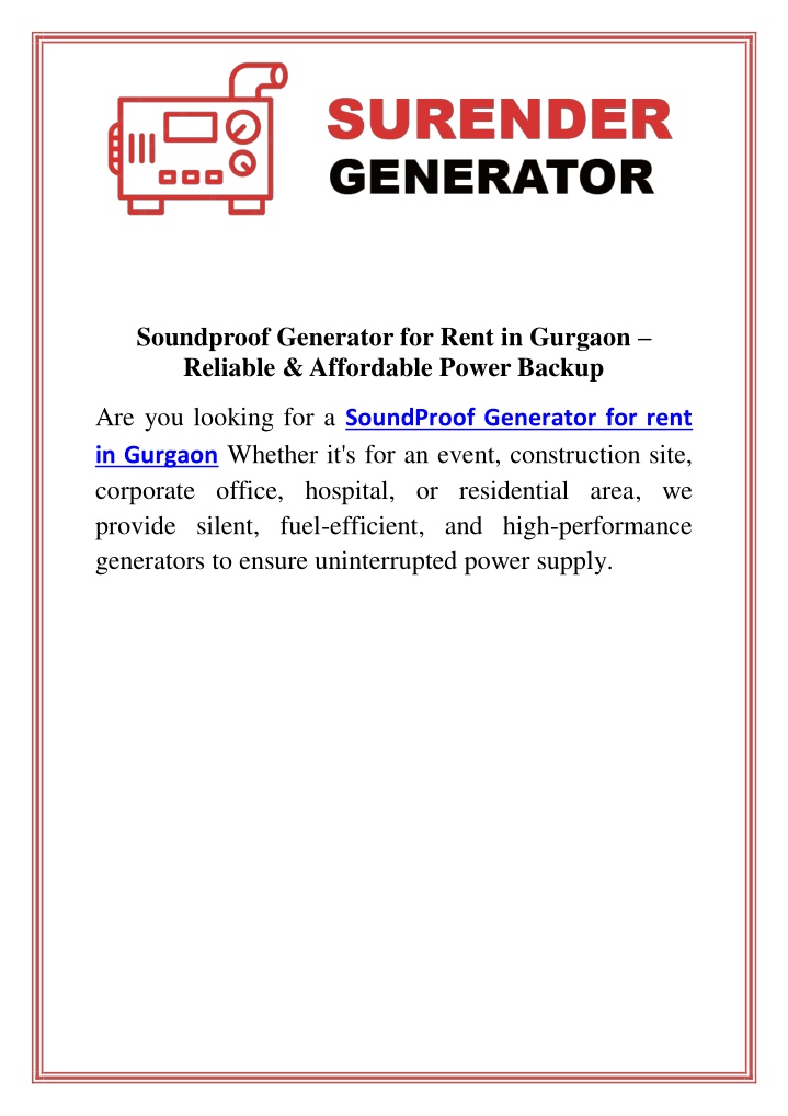 soundproof generator for rent in gurgaon reliable