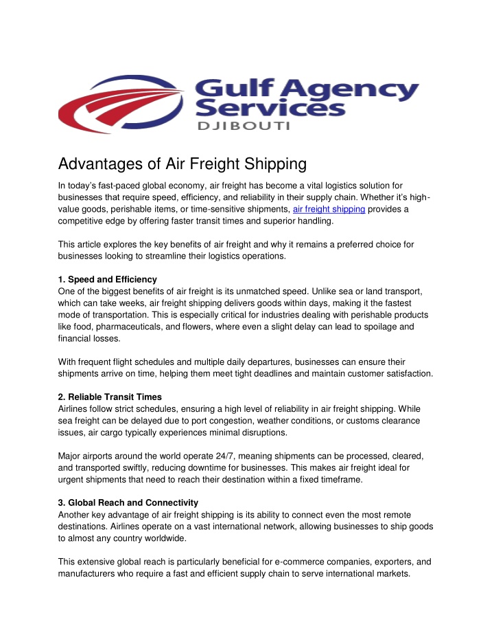 advantages of air freight shipping