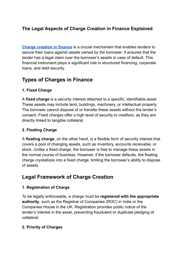 the legal aspects of charge creation in finance