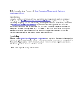 Road Construction Management Software | Equipment Maintenance Software India
