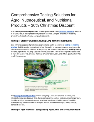 Comprehensive Testing Solutions for Agro, Nutraceutical, and Nutritional Product