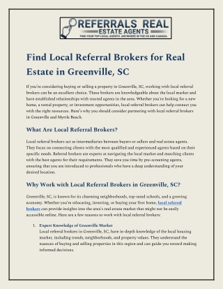 Find Local Referral Brokers for Real Estate in Greenville SC