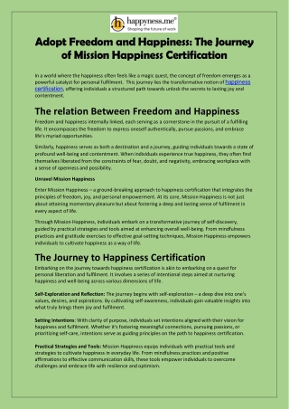 Adopt Freedom and Happiness: The Journey of Mission Happiness Certification