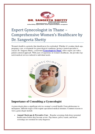 Expert Gynecologist in Thane – Comprehensive Women’s Healthcare by Dr. Sangeeta