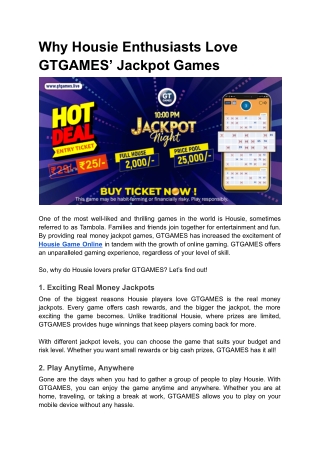 Why Housie Enthusiasts Love GTGAMES’ Jackpot Games