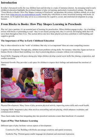 From Blocks to Books: How Play Shapes Learning in Preschools