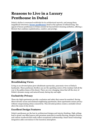 Reasons to Live in a Luxury Penthouse in Dubai