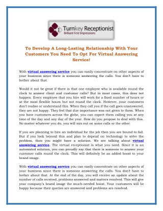 To Develop A Long-Lasting Relationship With Your Customers You Need To Opt For Virtual Answering Service