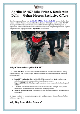 Aprilia RS 457 Bike Dealers in Delhi – Mehar Motors