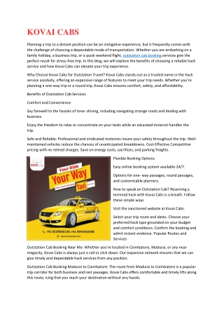 Reliable Outstation Cab Services with Kovai Cabs