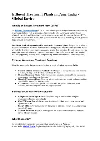 Effluent Treatment Plants in Pune, India - Global Enviro
