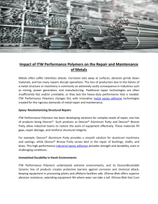 Impact of ITW Performance Polymers on the Repair and Maintenance of Metals