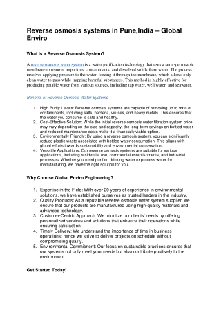 reverse osmosis systems in pune india global