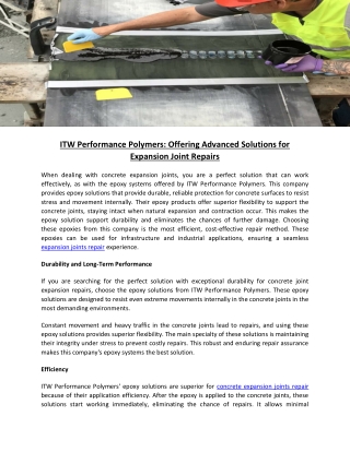 ITW Performance Polymers Offering Advanced Solutions for Expansion Joint Repairs