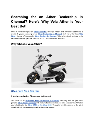 Searching for an Ather Dealership in Chennai? Here’s Why Vela Ather is Your Best