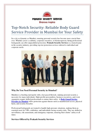 Top-Notch Security: Reliable Body Guard Service Provider in Mumbai for Your Safe